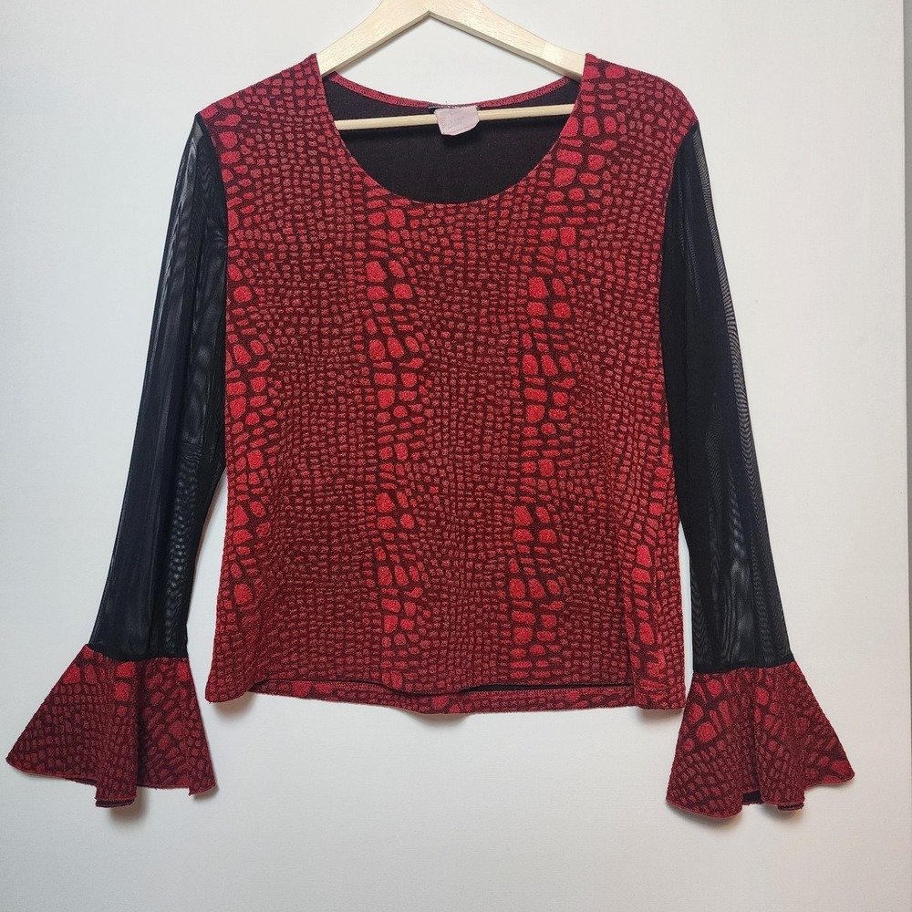 Scorpio Red Crocodile Snake Print Sheer Mesh Bell Sleeve Top Size X-Large